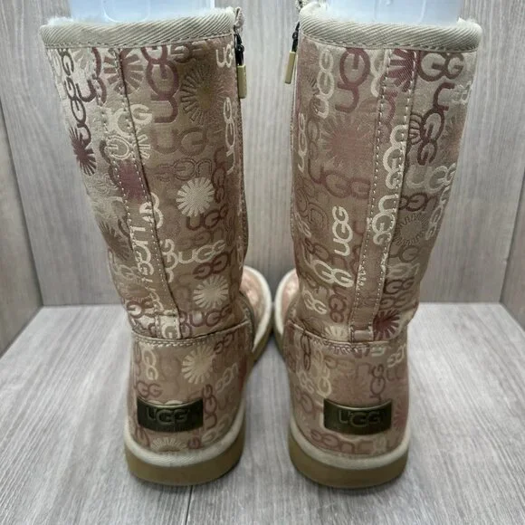 UGG 5515 Tall Winter Boots Womens 6 Lined Monogram Logo Zip Tan Beige - Picture 10 of 12